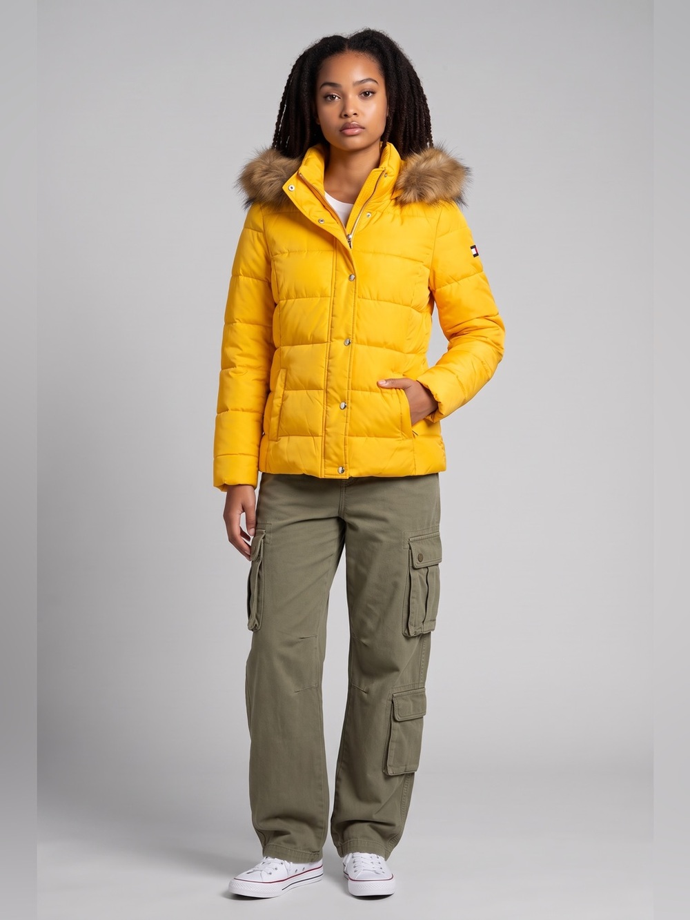 Tommy Hilfiger Yellow Midi Puffer Winter Jacket Faux Fur Hood